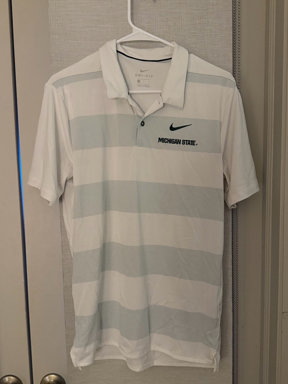 Nike Dr-Fit MSU Green and White Striped Polo Shirt. Michigan State University
